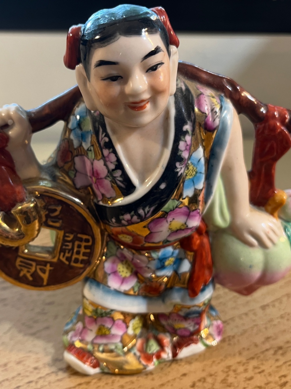 Hand-Painted Floral Japanese Figurine in Multicolor